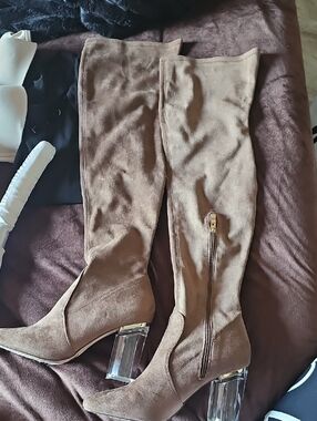 Brown Over-the-Knee Suede-Look Boots with Clear Block Heel
